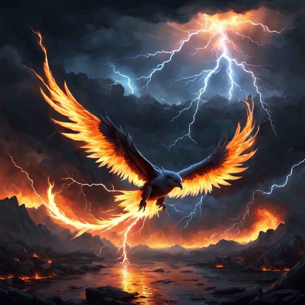 Fiery Bird Soars Through Lightning Storm