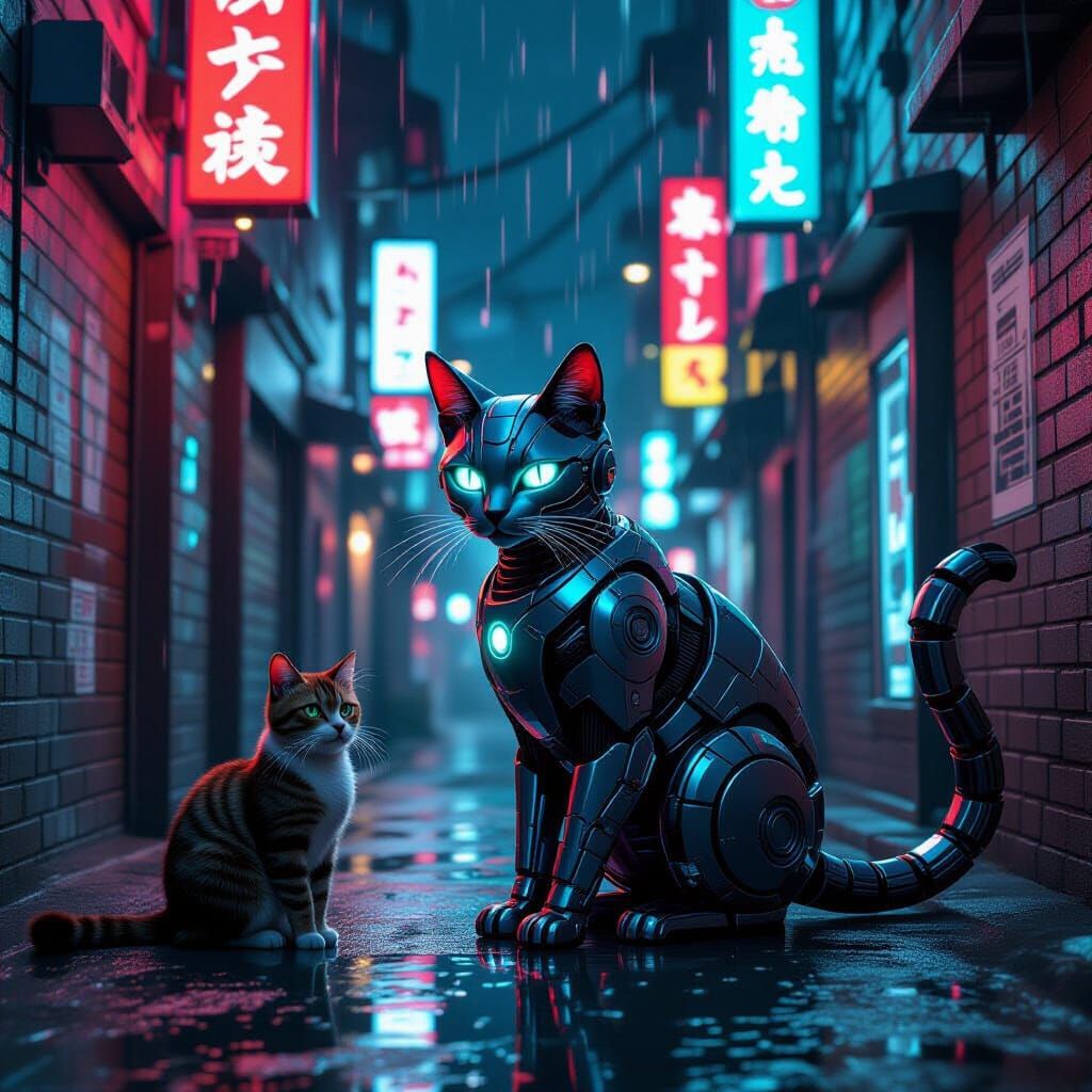 Cyberpunk Alley: Robotic Cat Meets Street Cat