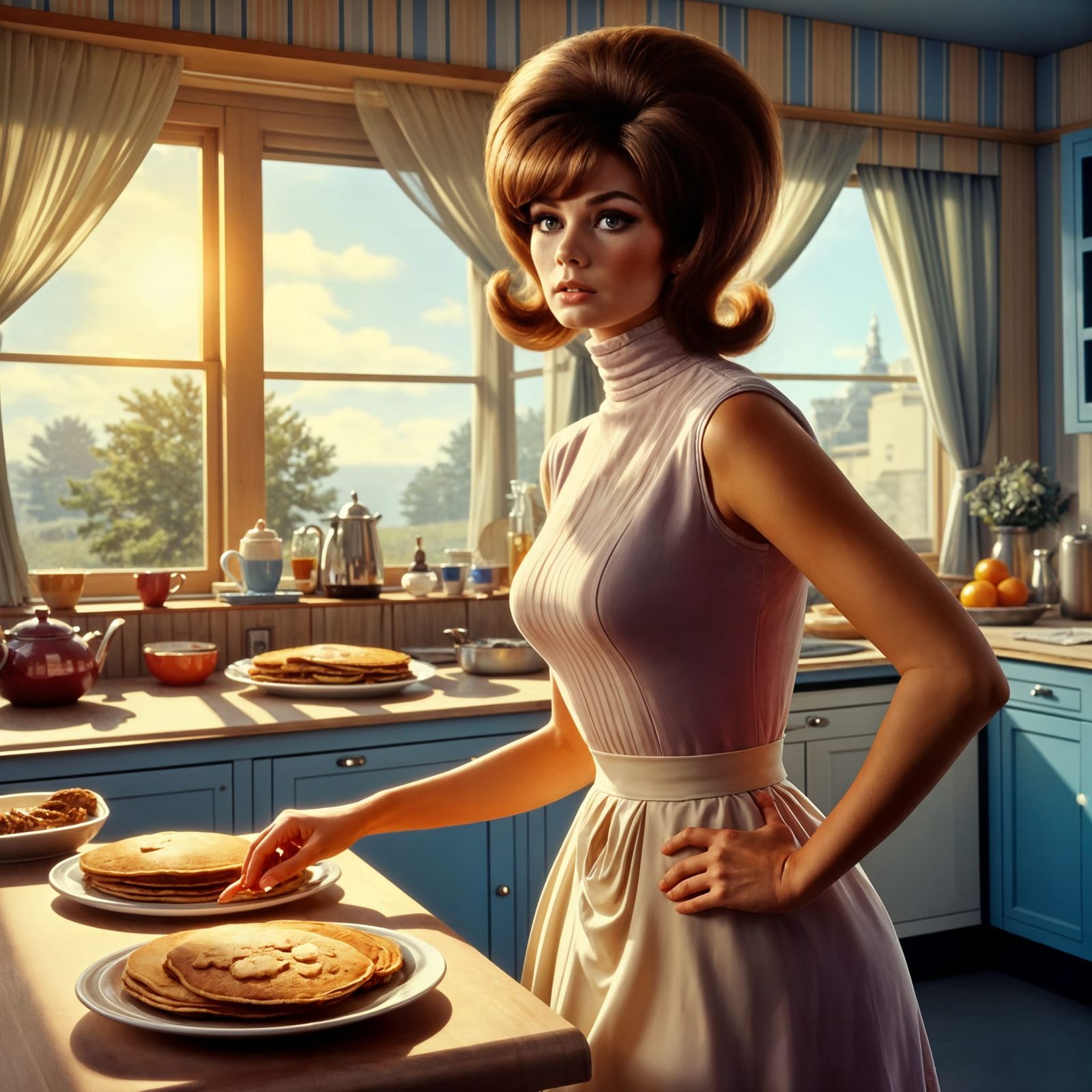 1960s Housewife Makes Pancakes in Retro Kitchen