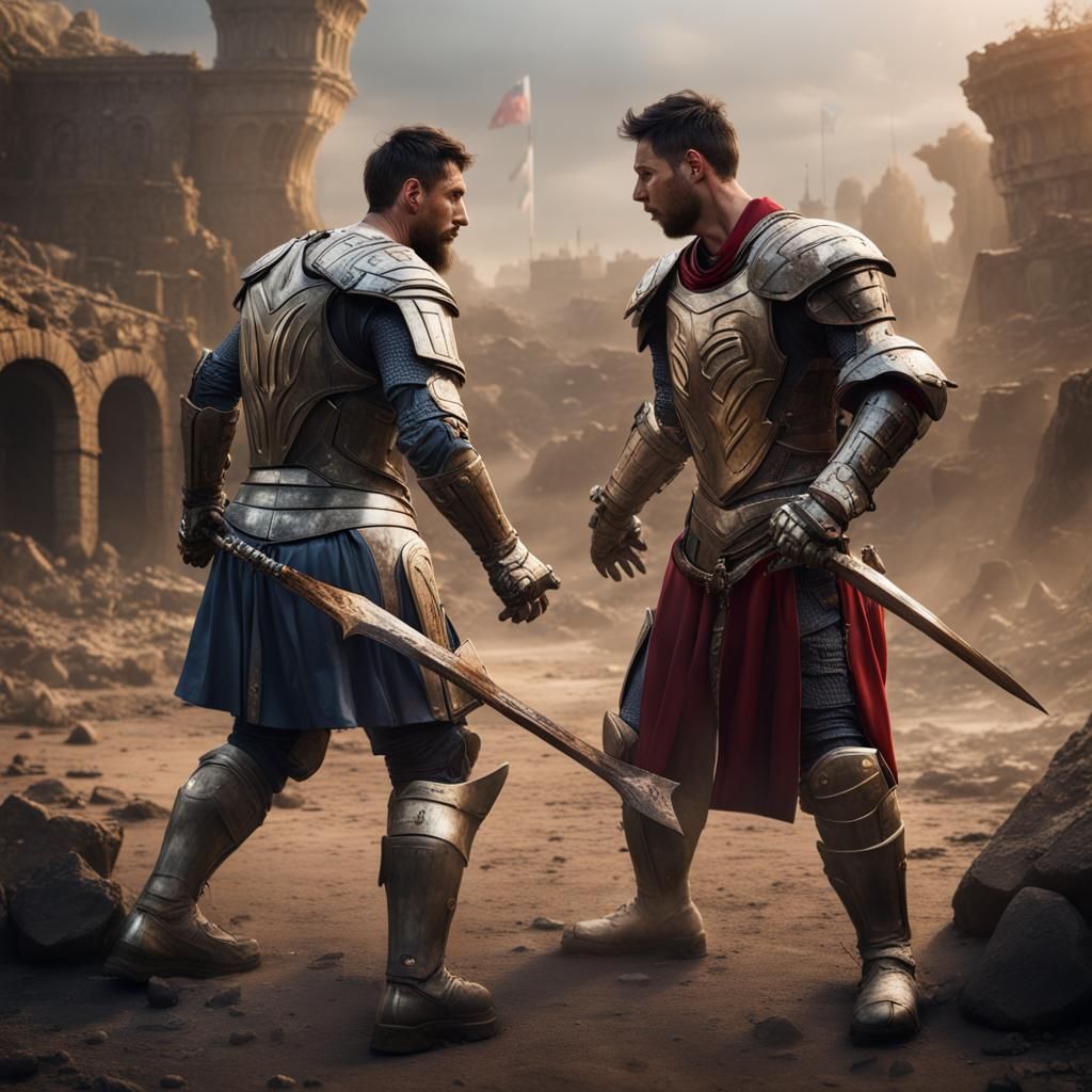 Messi and Ronaldo Fight in Armor: Detailed Digital Art