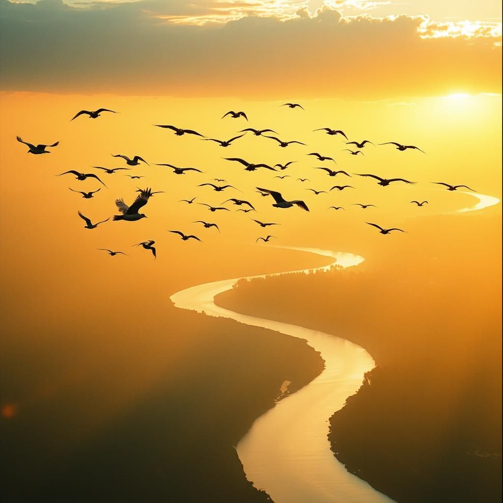Birds in Flight Over River at Sunset