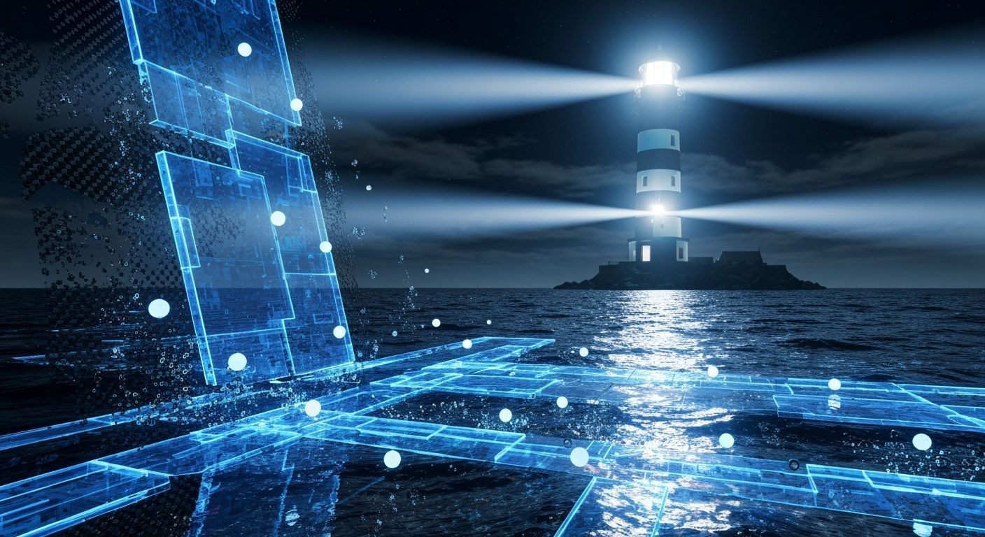 Abstract Lighthouse on Stormy Shore in Neon Simulation