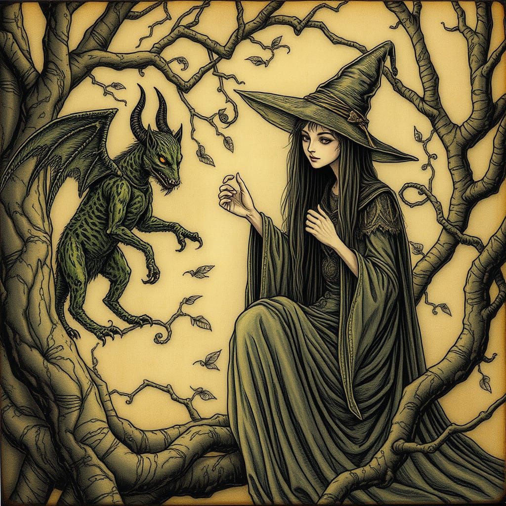 Mystical Demon Summoning in Intricate, Whimsical Art