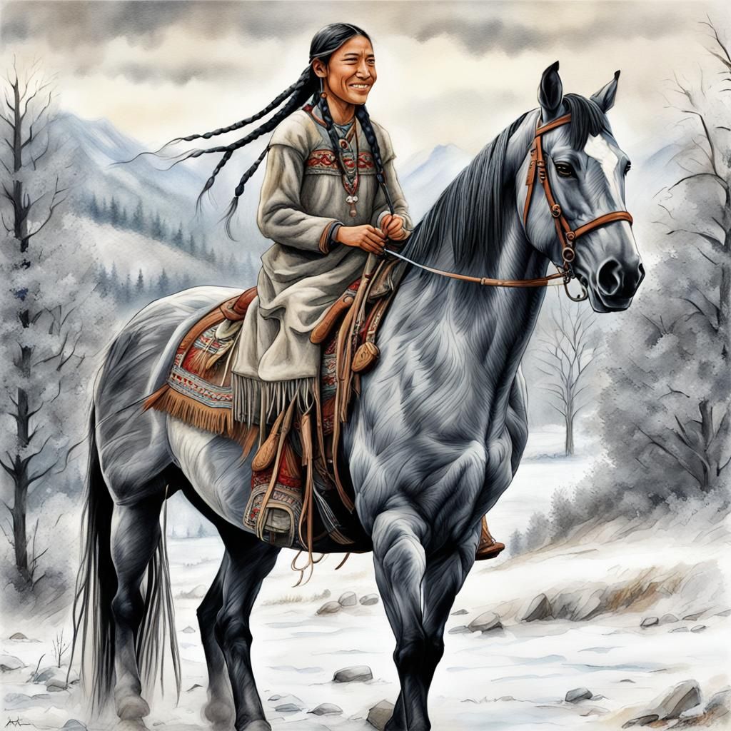 Native American Girl on Horse in Winter Landscape