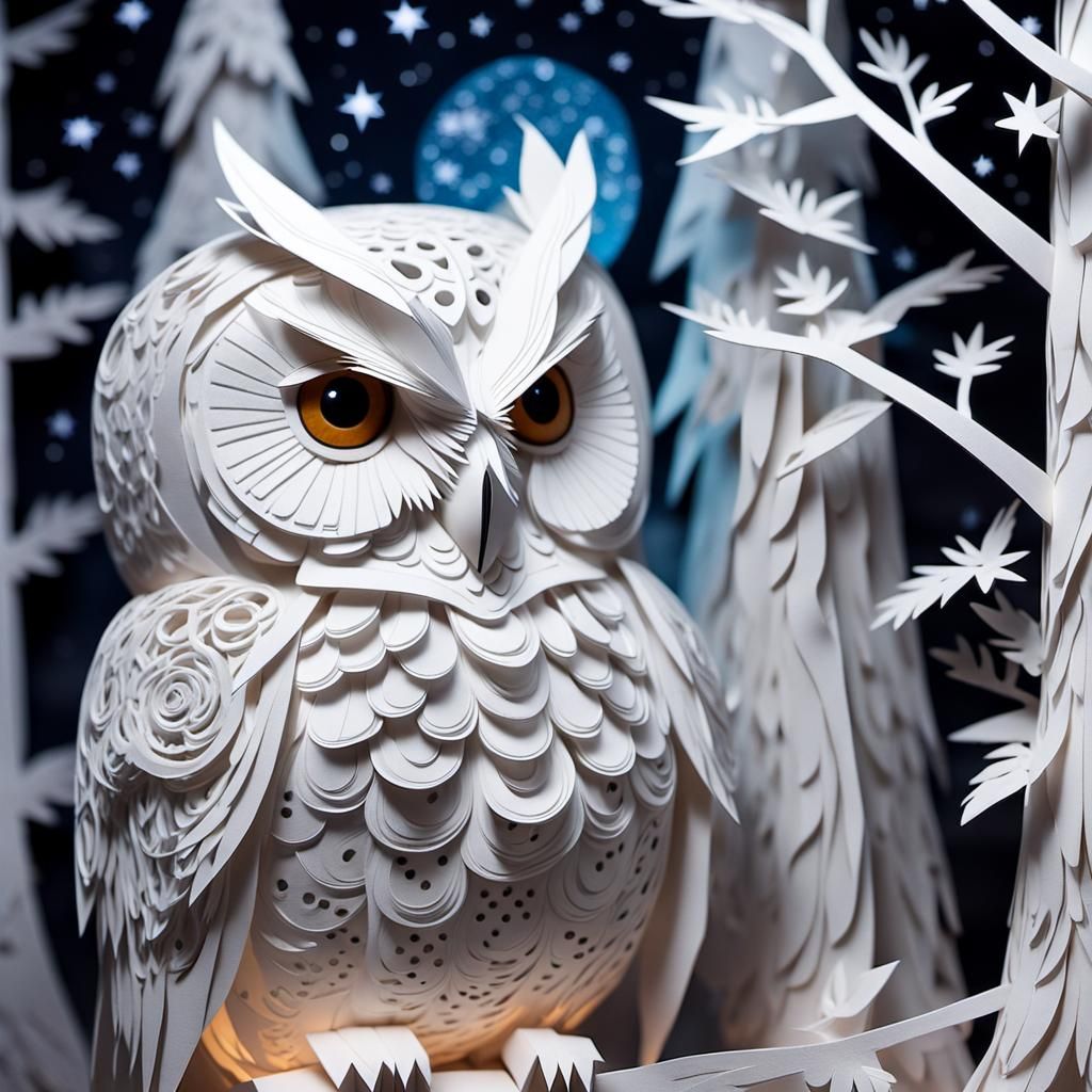 Papercraft White Owl in Starlit Forest