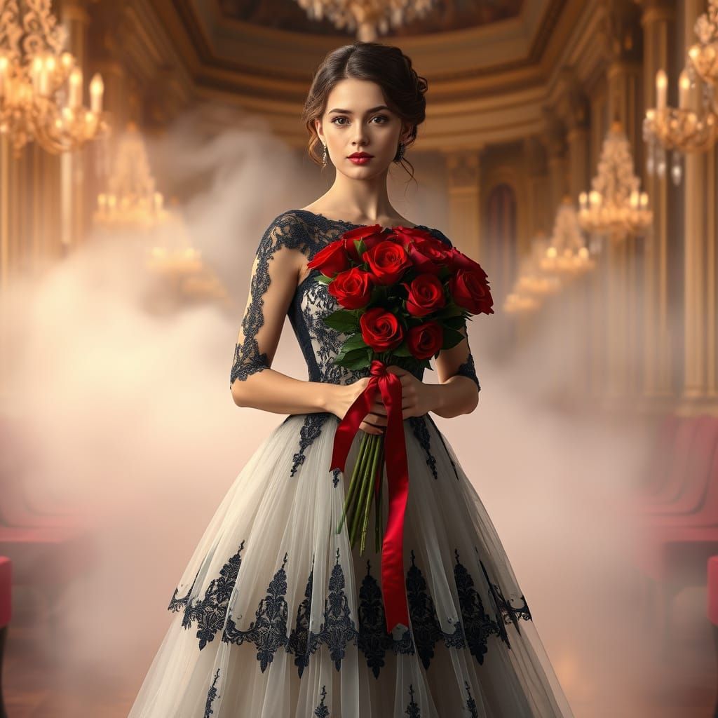 Elegant Woman with Roses in Ethereal Ballroom