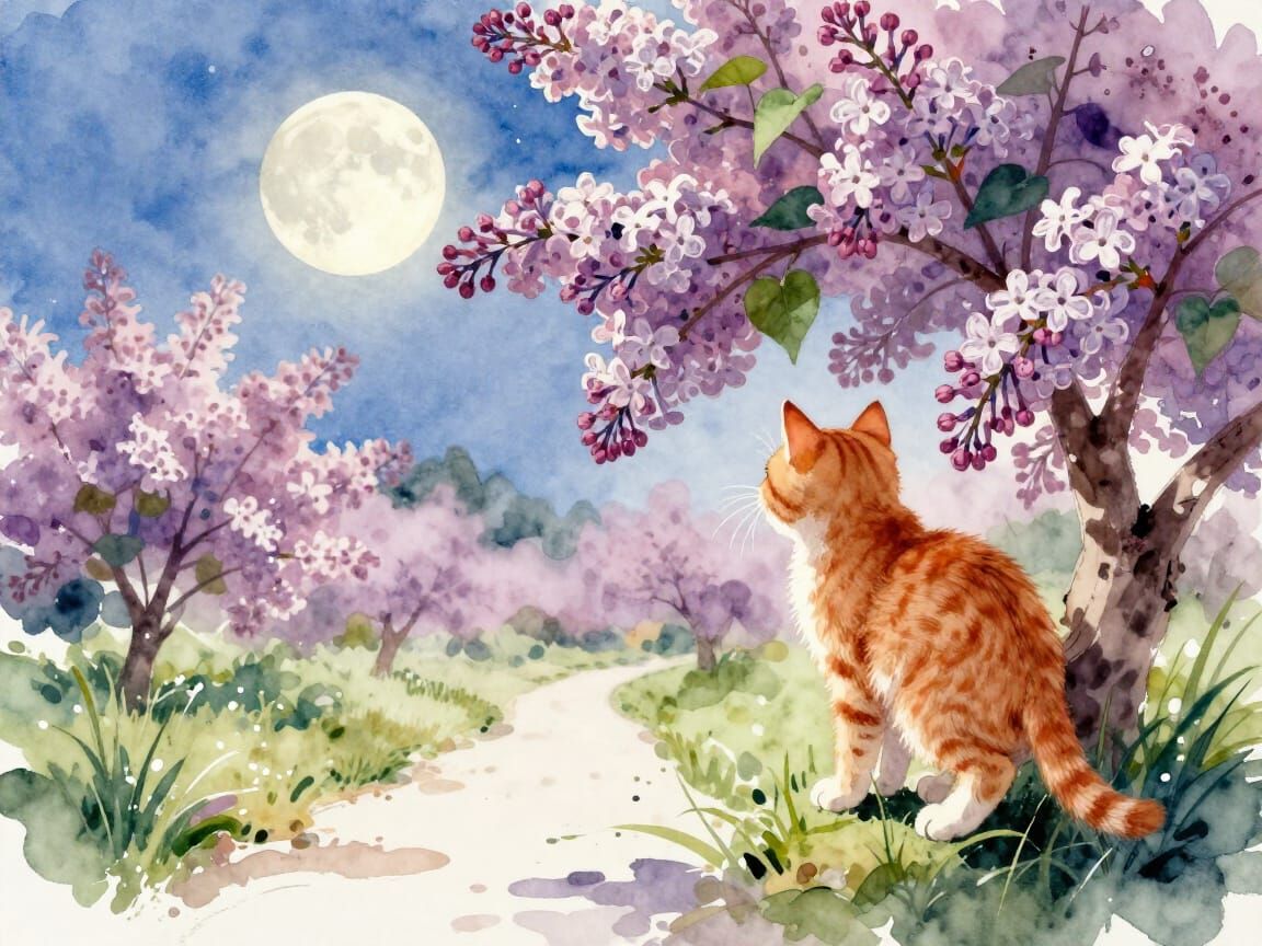 Ginger Kitten Watches Full Moon in Surreal Garden