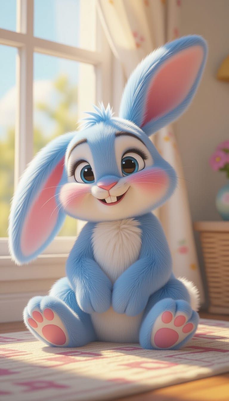 Cute Blue Bunny in Hyper-Realistic 3D Disney Pixar Style