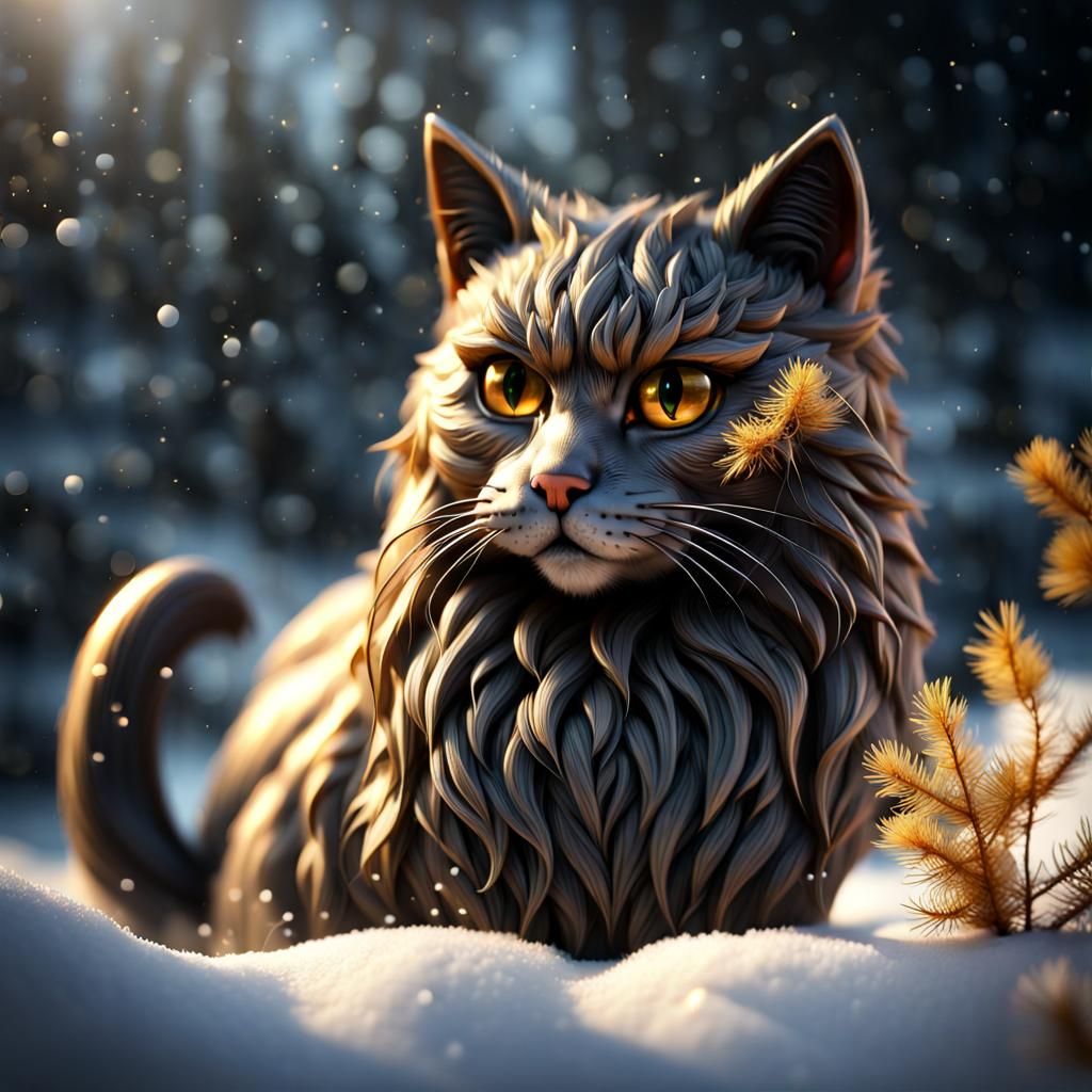 Black Stone Cat with Golden Details: 3D Render