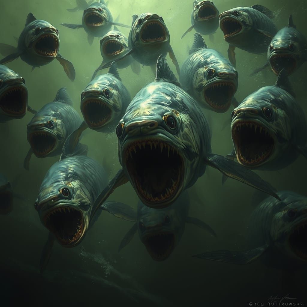 Vicious Piranhas Swarm in Dark Fantasy Style