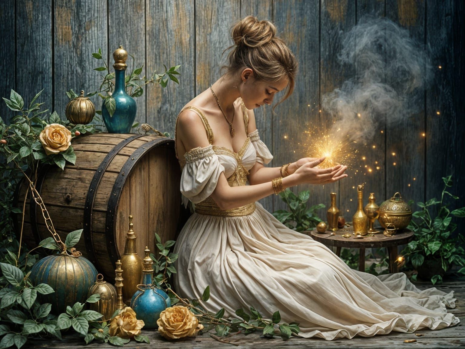 Ethereal Lady Creates Magic: Dream Fantasy Oil Painting