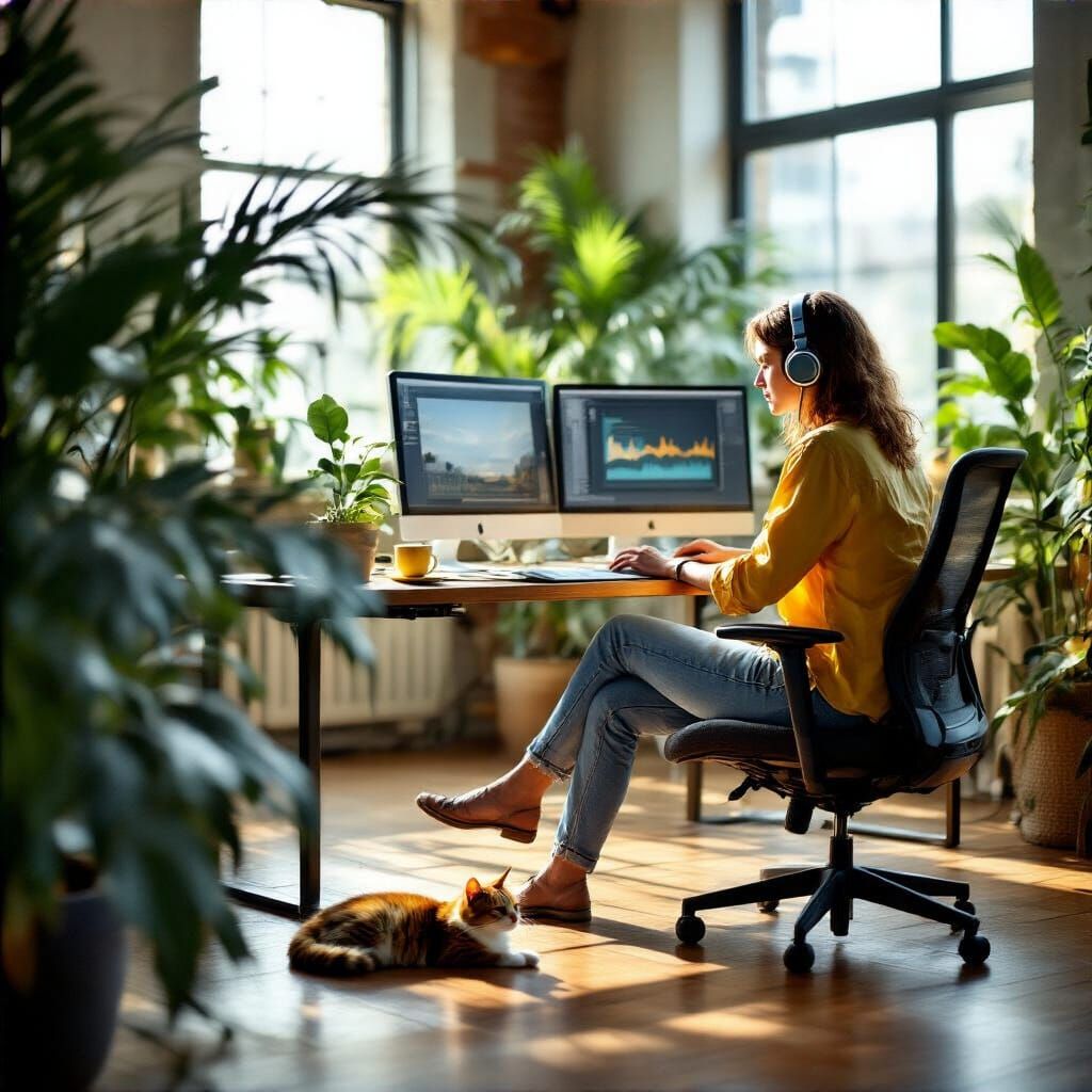 Woman Working in Modern Office with Cat, Cinematic Style