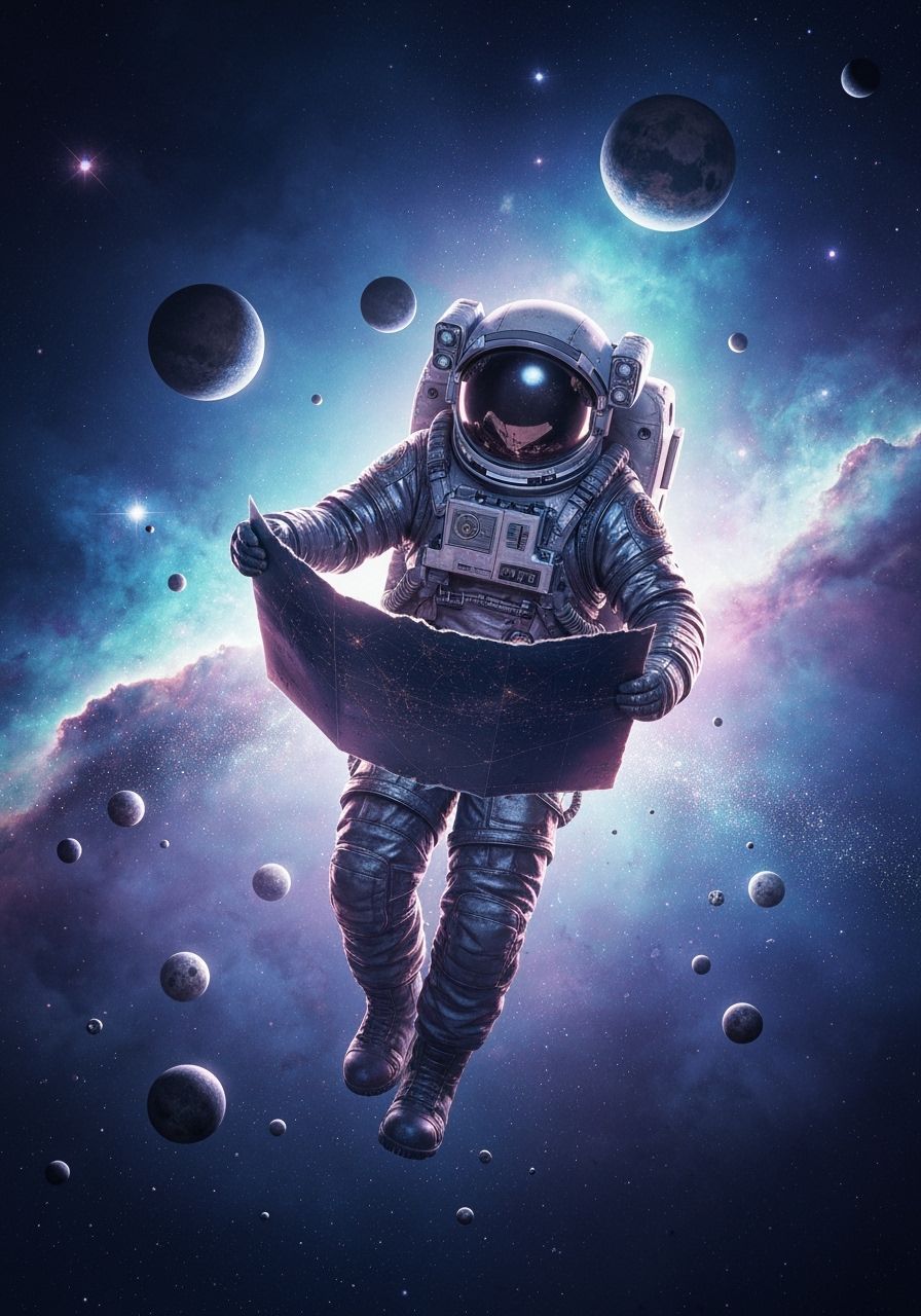 Astronaut Adrift in Nebula with Torn Star Map