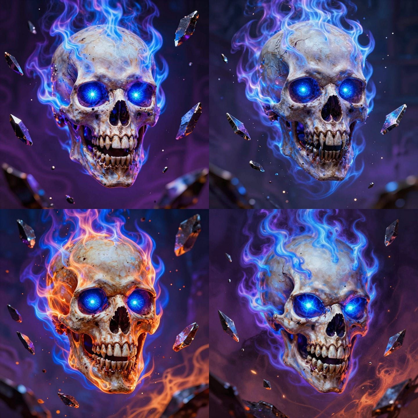 Fiery Skull with Glowing Blue Eyes and Purple Flames