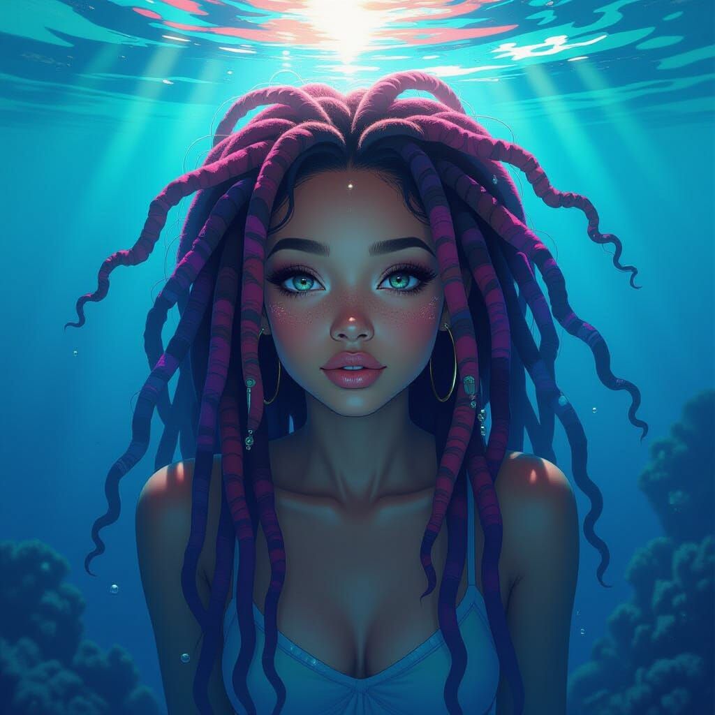 Underwater Jelly Girl with Dreadlocks in Futuristic Style