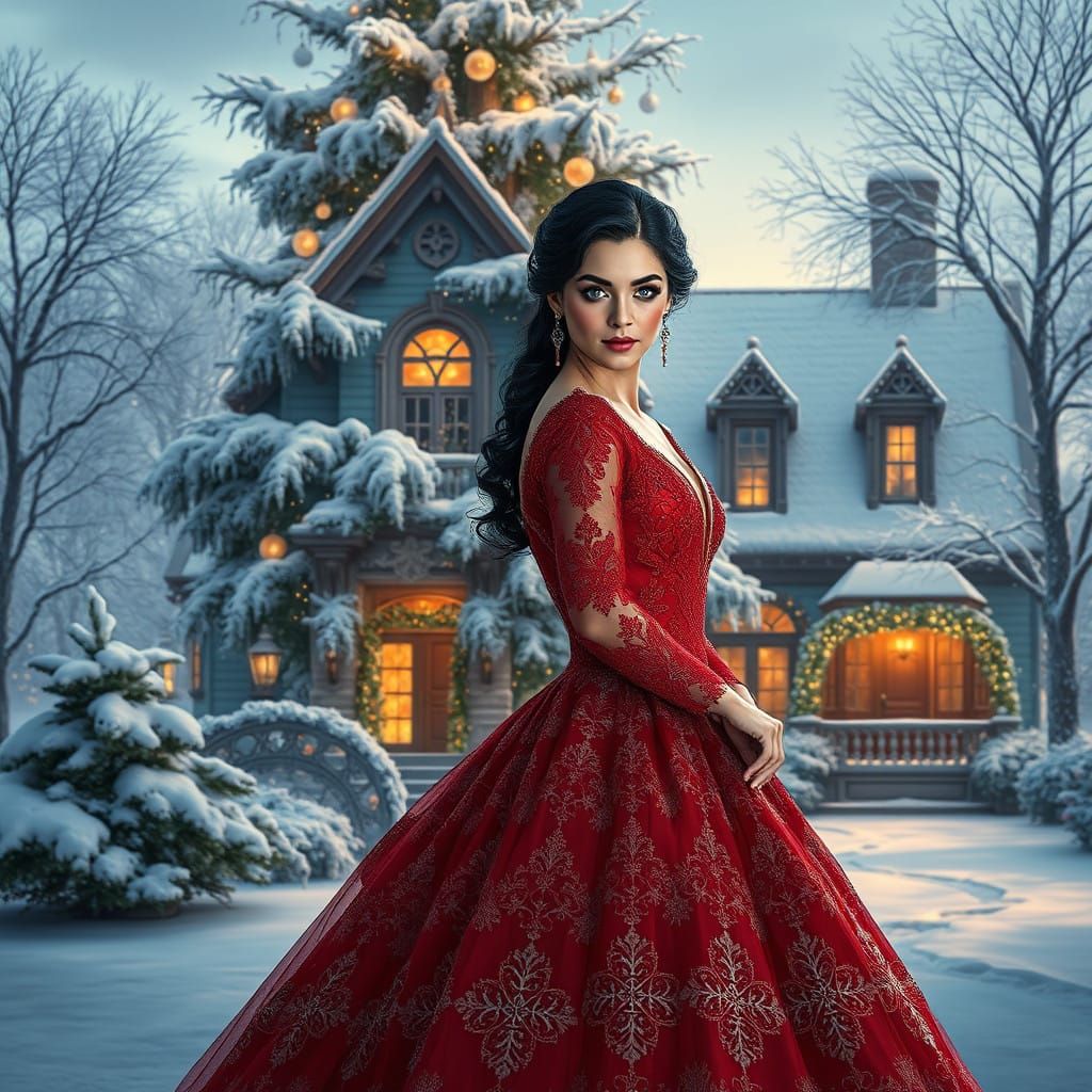 Winter Beauty in Crimson Gown Amidst Snowy Fairytale Landsca...
