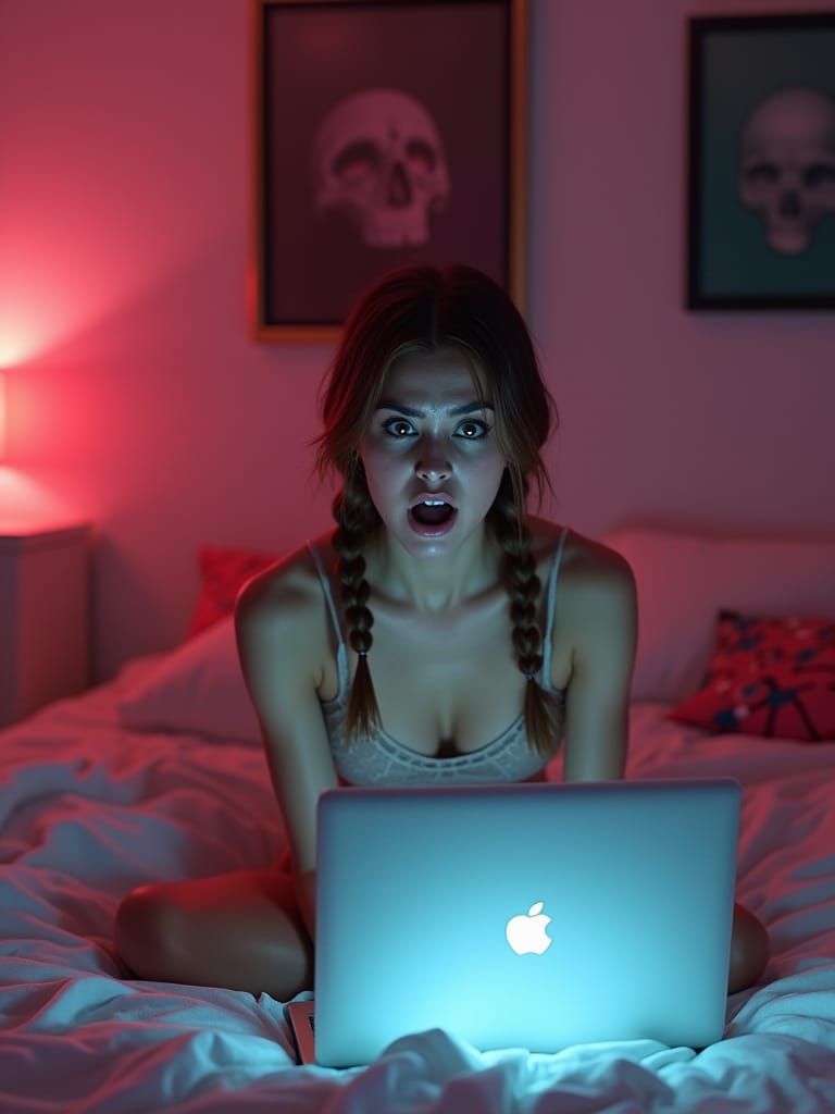 Frightened Woman Illuminated by Laptop in Hyperrealistic Sty...