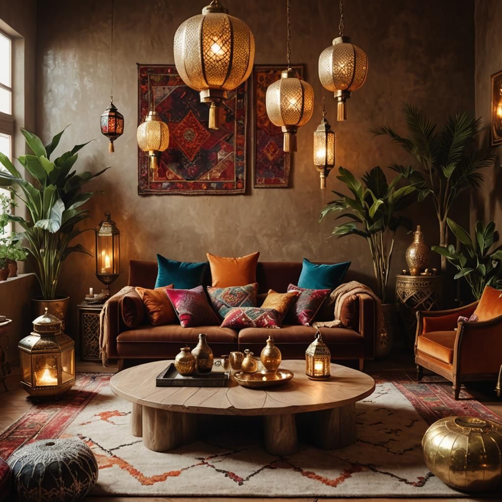 Cozy Bohemian Living Room with Golden Lighting
