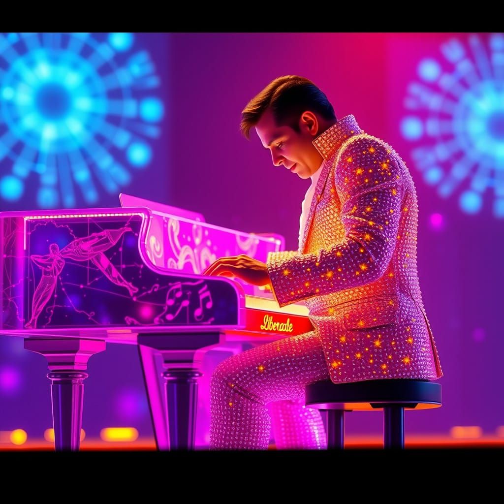 Liberace Performing in a Holographic, 3D Neon Dreamscape