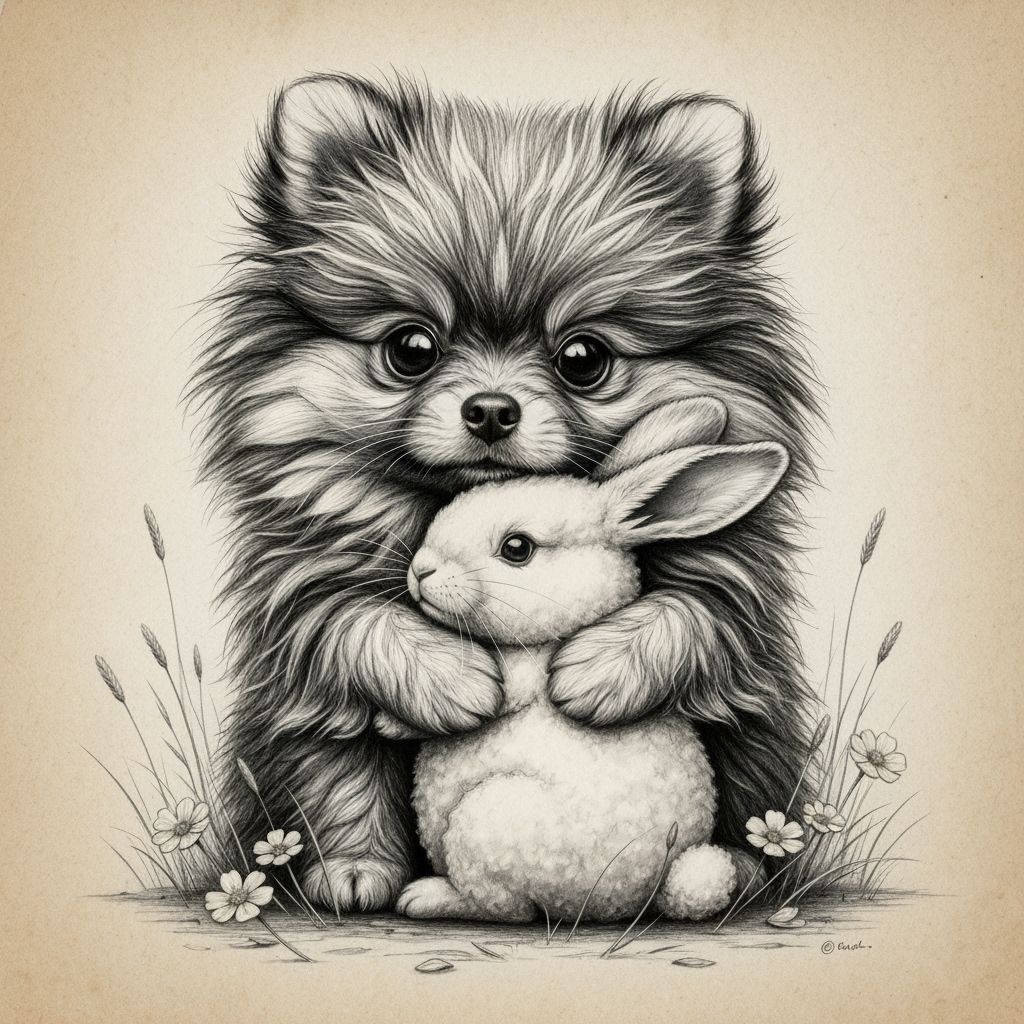 Fluffy Pomeranian Puppy Hugs Rabbit in Detailed Pencil Sketc...