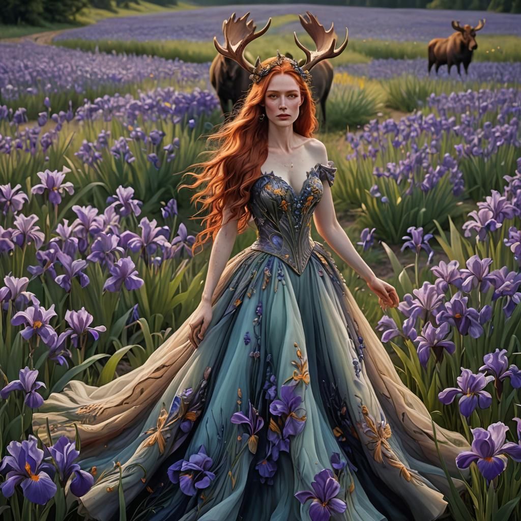 Woman in Iris Gown with Moose, Detailed Matte Painting