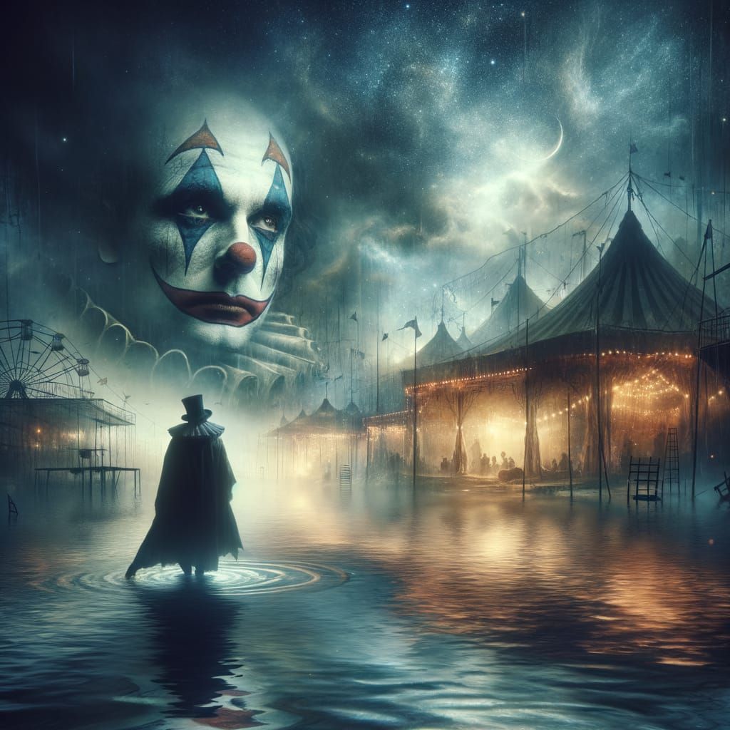 Melancholic Clown in Mystical Underwater Abandoned Circus