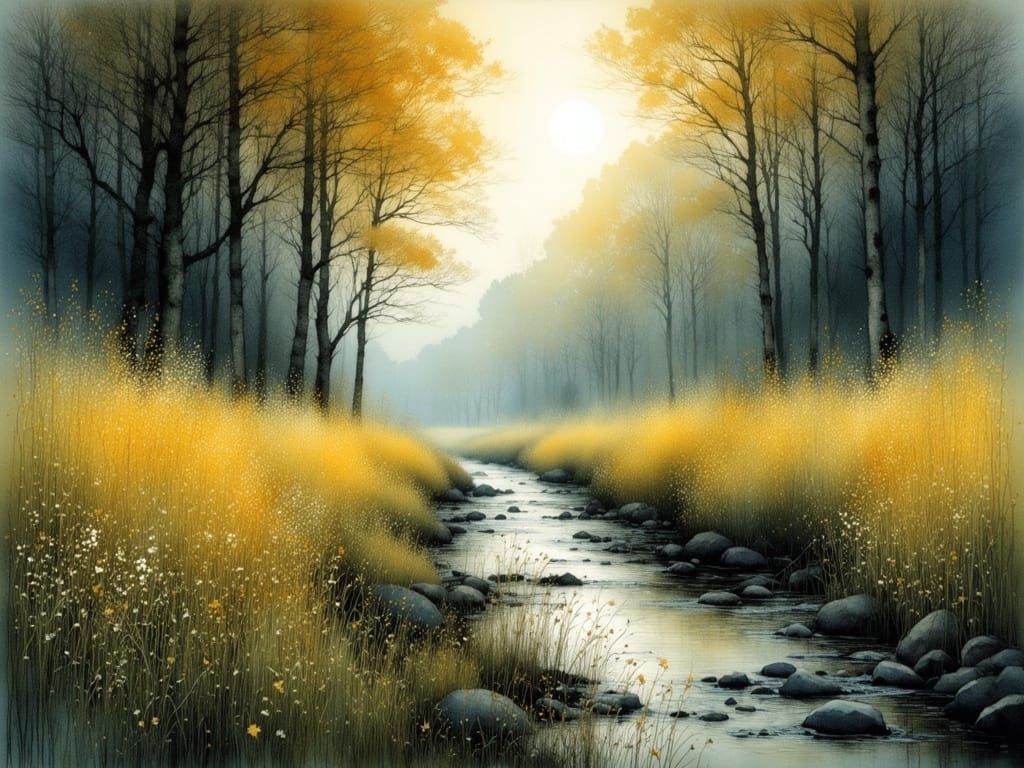 Watercolor Forest Sanctuary with Flowing Stream