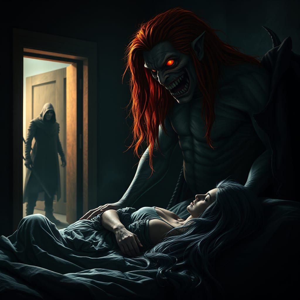 Nightmarish Demon Looms in Dark Bedroom