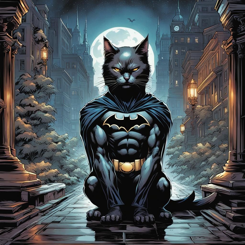 Cat as Batman in Comic Book Style