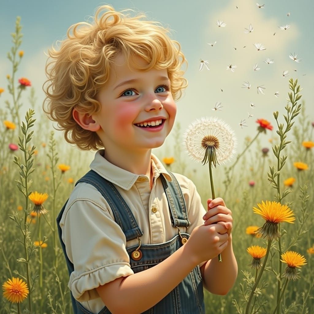 Boy with Dandelion in Wildflower Meadow: Romantic Art