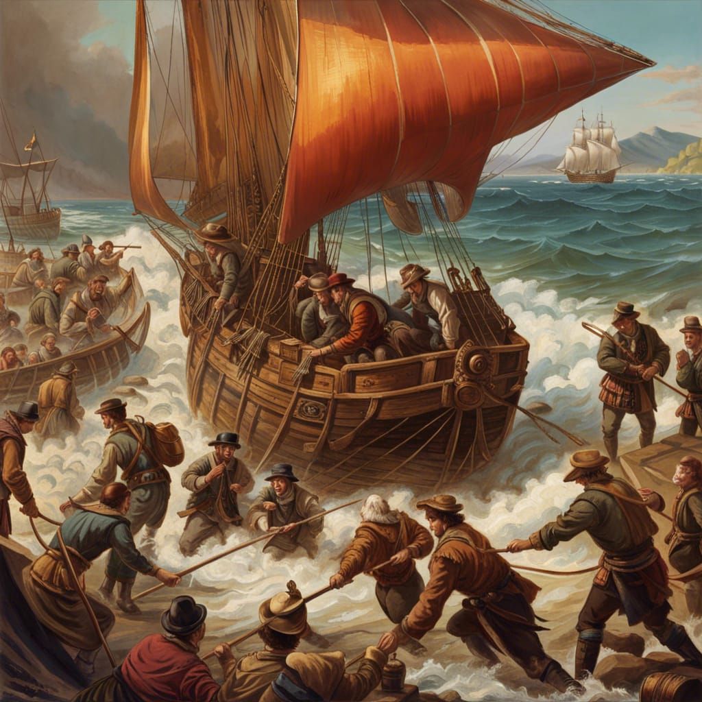 Men in Kilts Pulling Ship, Hyperdetailed Splash Art