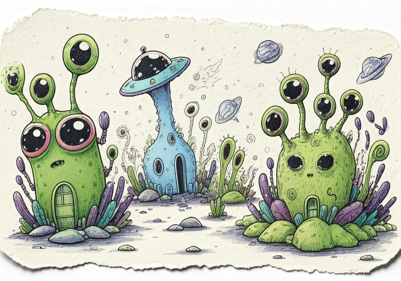 Whimsical Alien Doodles on Notebook Page