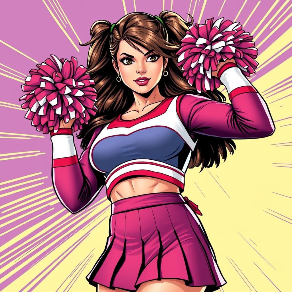 Confident Curvy Cheerleader Captain in Comic Book Style