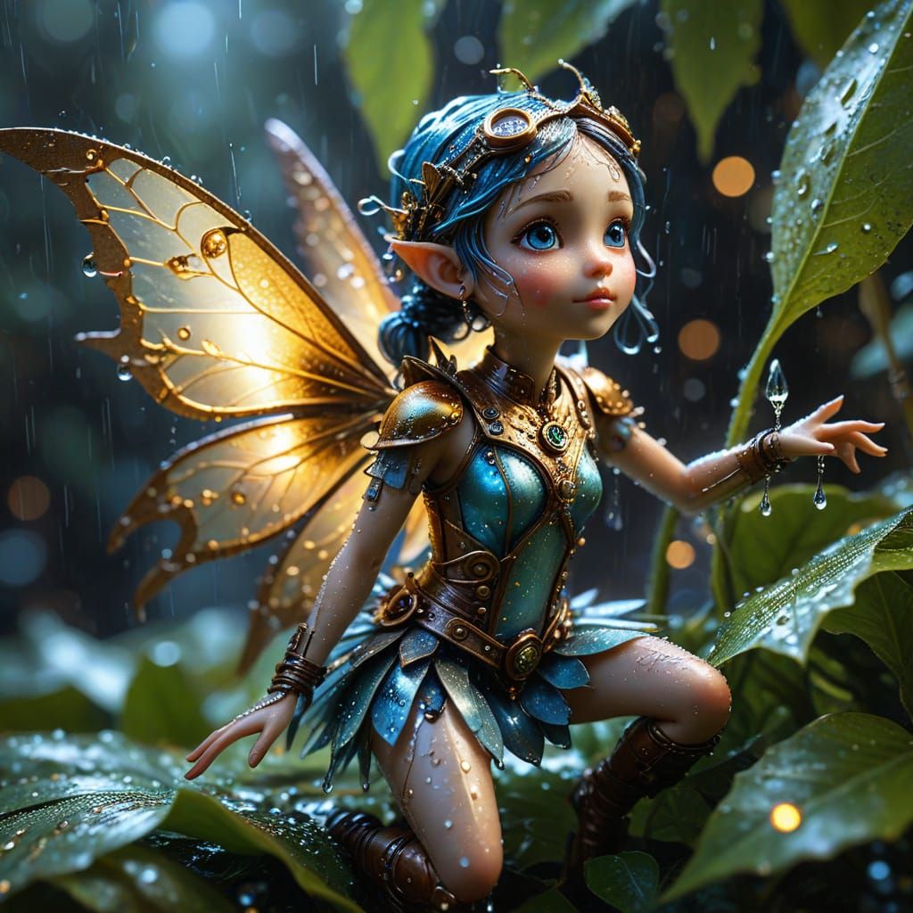 Steampunk Fairy Sheltering Under Leaf