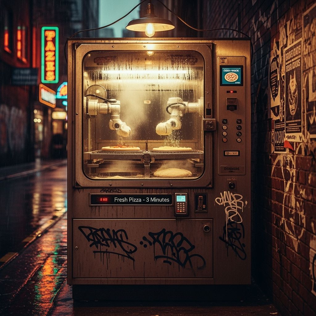 Pizza Making Vending Machine in Dim Alley, Cinematic Film