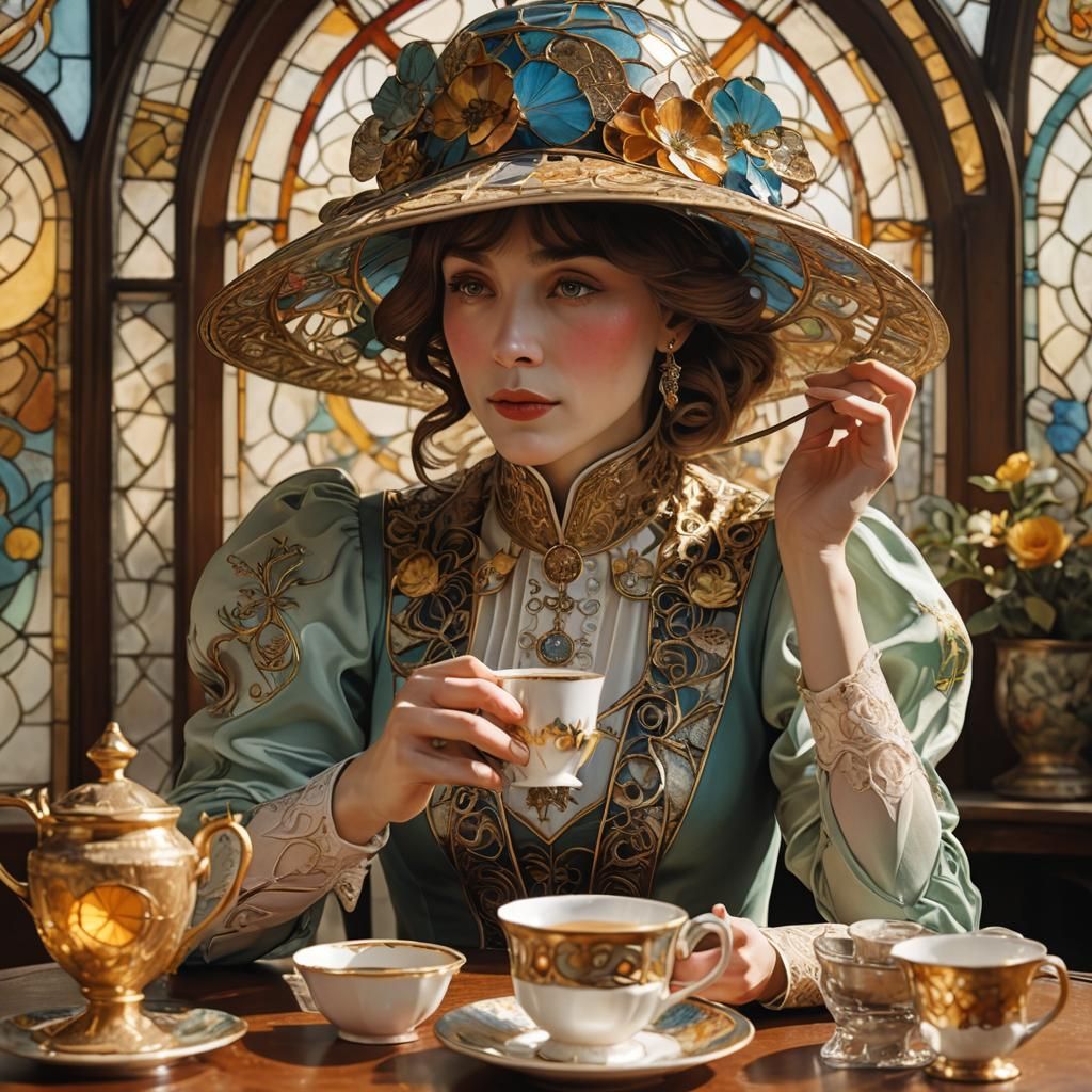 Elegant Woman Sipping Tea in Art Nouveau Style