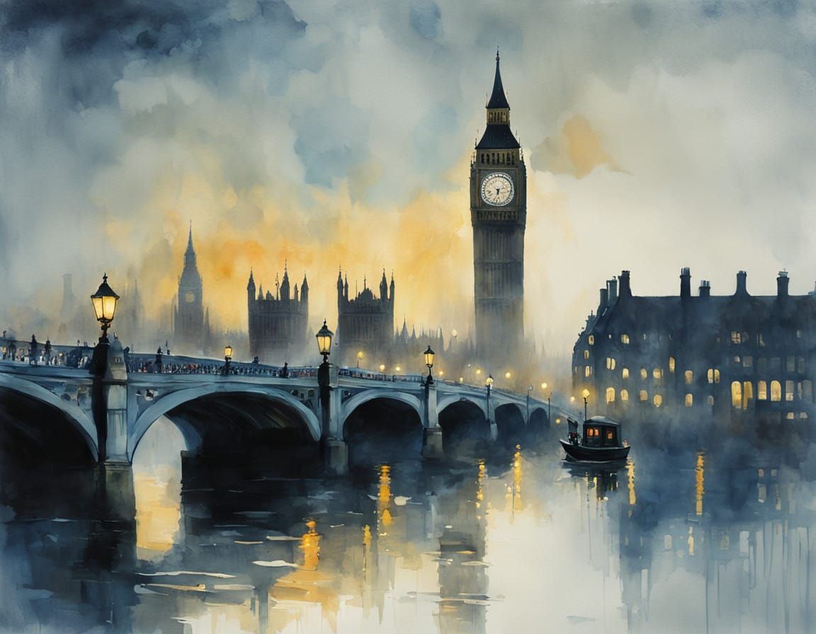 London Cityscape in Soft Watercolors with Ghostly Silhouette