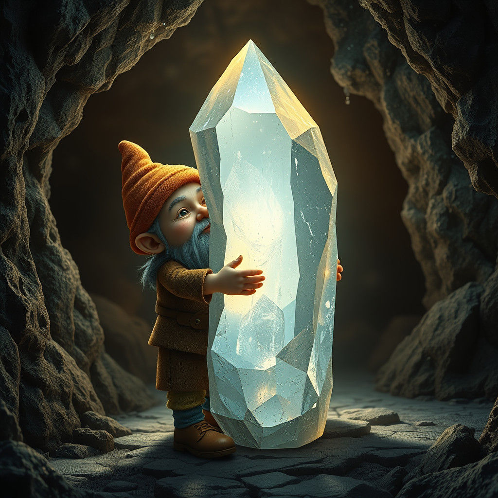 Gnome Hugging Crystal in Bioluminescent Cave