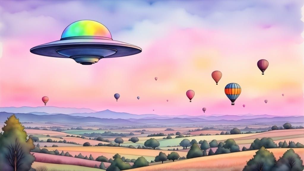 Surreal UFO Scene in Whimsical Watercolour Style