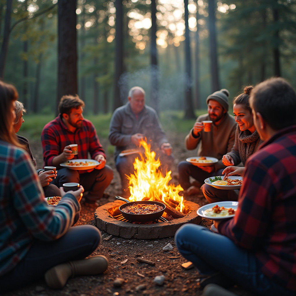 Inviting Campfire Scene with Breakfast and Coffee