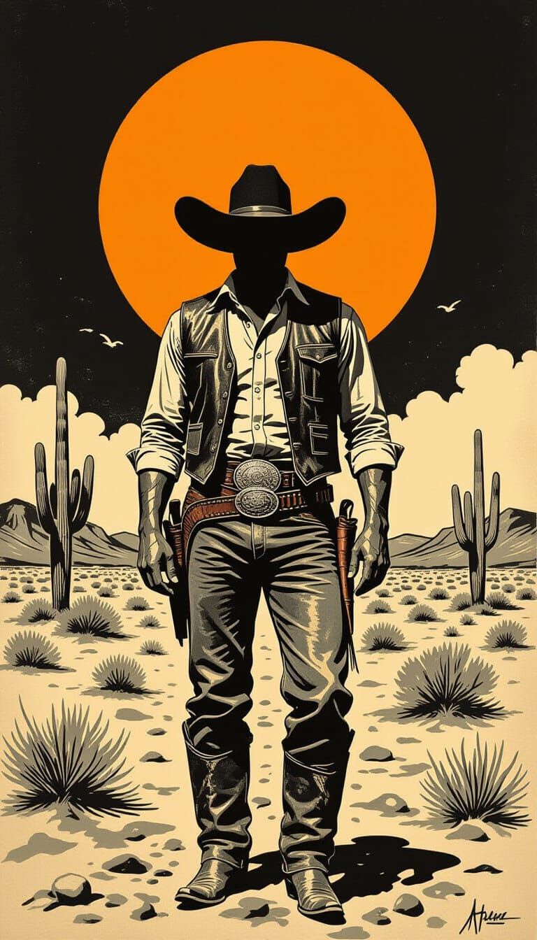 Mexican Cowboy in Desert with Orange Sun