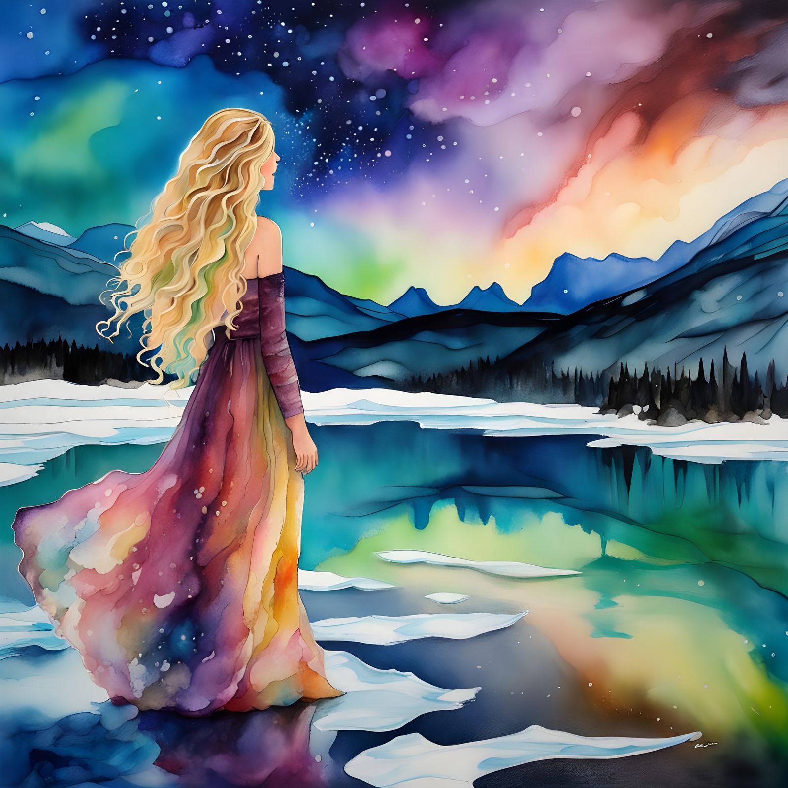 Woman by Frozen Lake Under Aurora, as Impressionist Painting