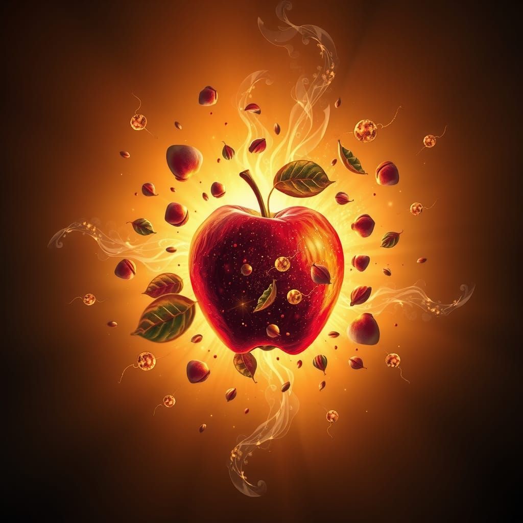 Scarlet Apple Explosion in Ethereal Digital Art
