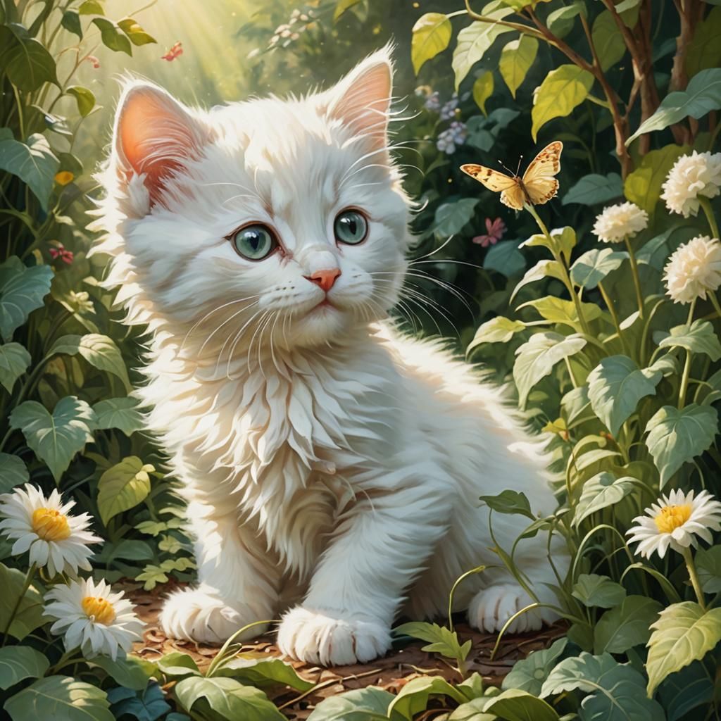 Kitten and Caterpillar in Impressionist Garden