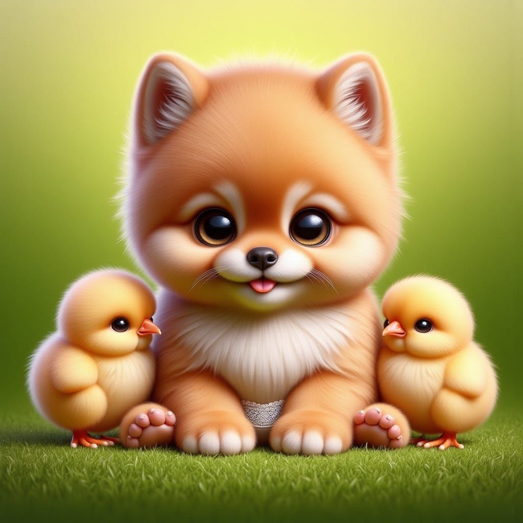 Ginger Pomeranian Puppy Surrounded by Chicks