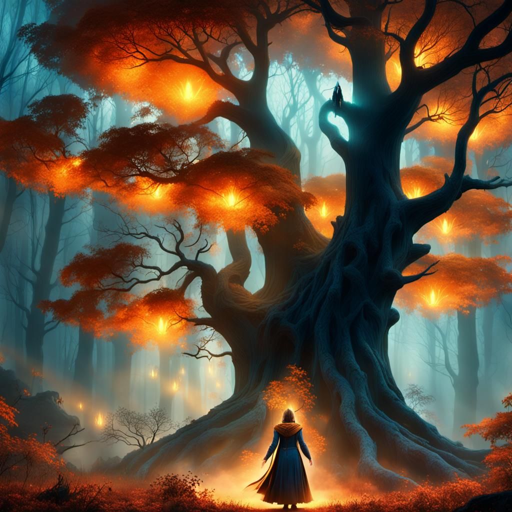 Sorceress in Ancient Mystic Forest at Dusk