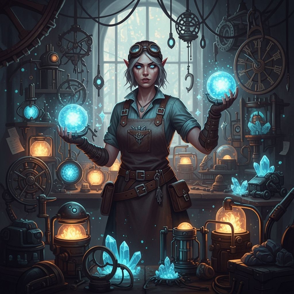 Grey Elf Artificer in Cyberpunk Workshop