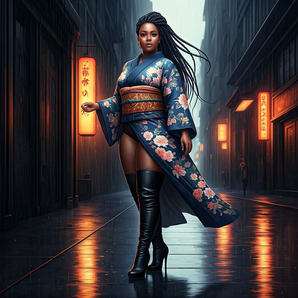 Black Queen in Kimono Walking on Rainy Street