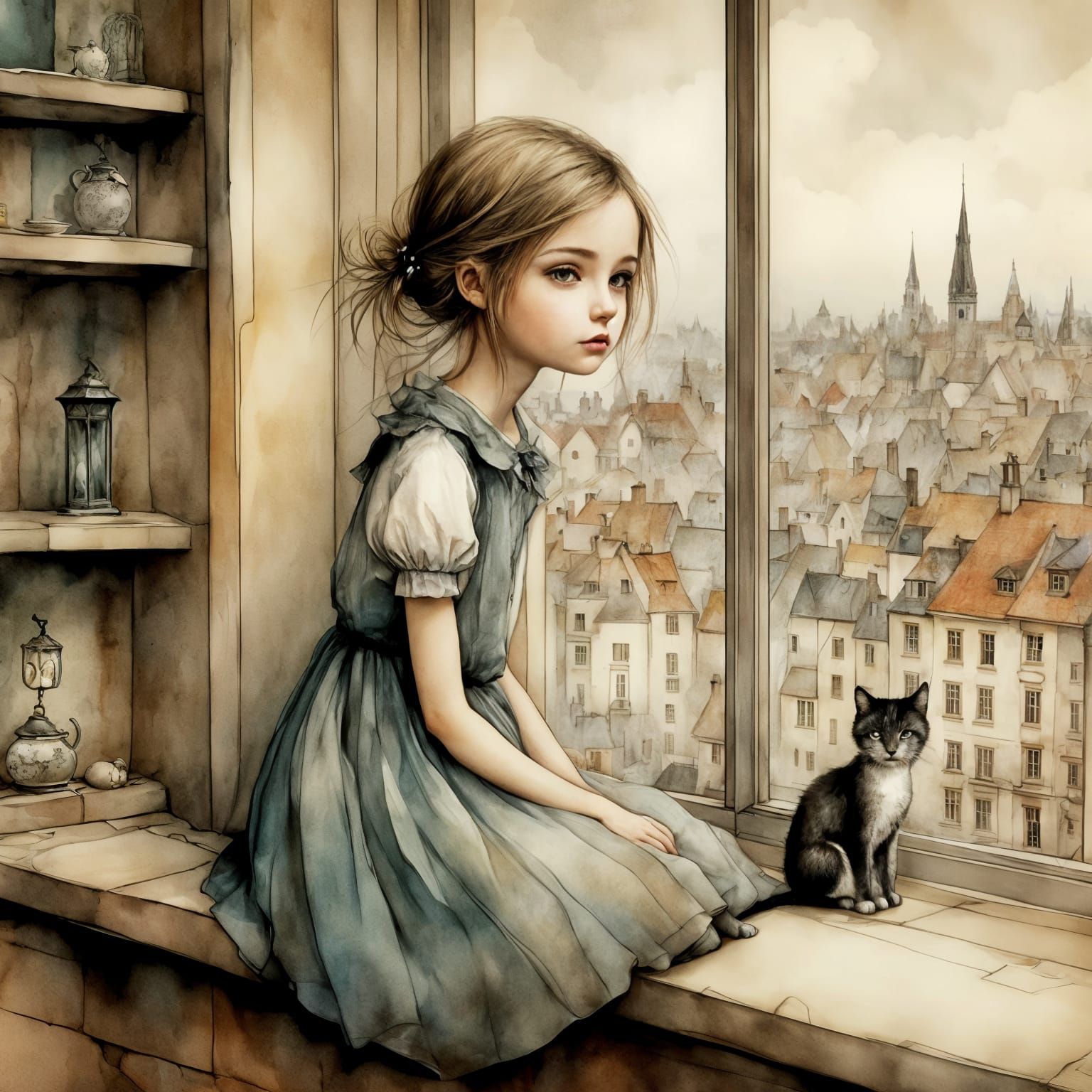 Girl Bored on Windowsill in Charcoal and Ink Style