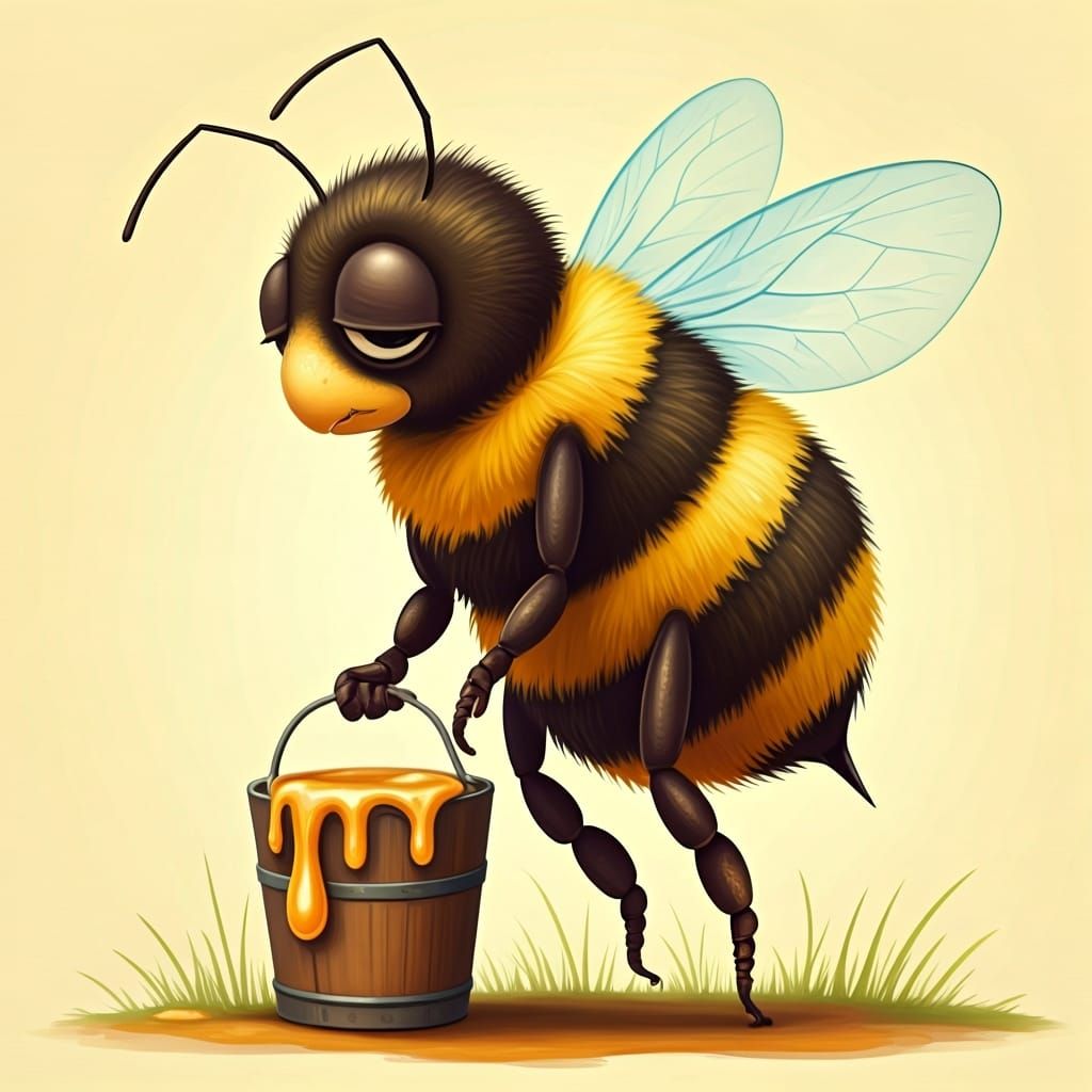 Sleepy Cartoon Bee Carries Honey, Watercolor Style